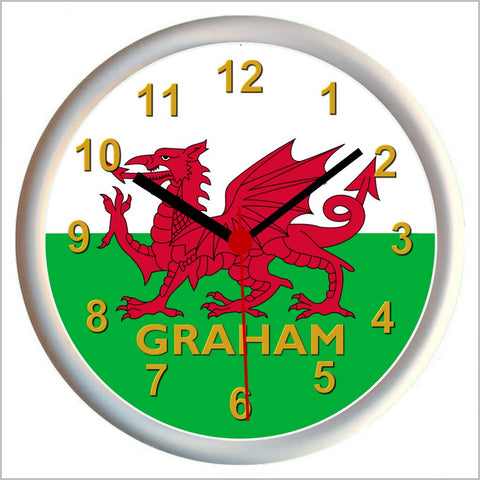 Personalised WELSH FLAG / BANER CYMRU / WELSH RED DRAGON / Y DDRAIG GOCH Wall Clock