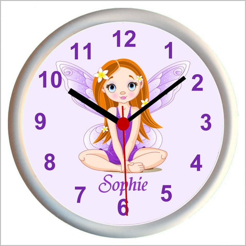 Personalised LILAC FAIRY Girls Bedroom Wall Clock