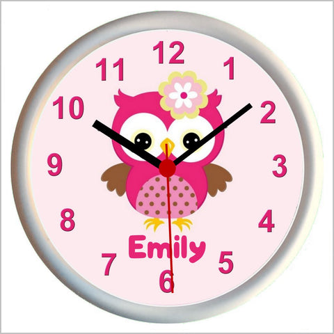 Personalised PINK OWL Girls Bedroom Wall Clock