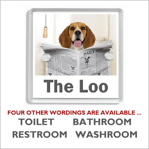 BEAGLE READING A NEWSPAPER ON THE LOO Novelty Acrylic Toilet Door Sign (5 WORDINGS)