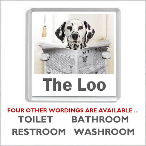 DALMATIAN READING A NEWSPAPER ON THE LOO Novelty Acrylic Toilet Door Sign (5 WORDINGS)