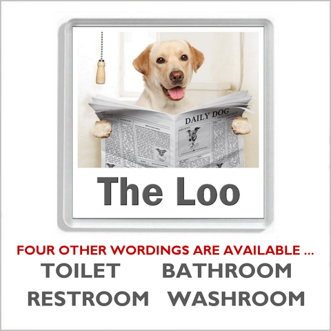 GOLDEN LABRADOR READING A NEWSPAPER ON THE LOO Novelty Acrylic Toilet Door Sign (5 WORDINGS)
