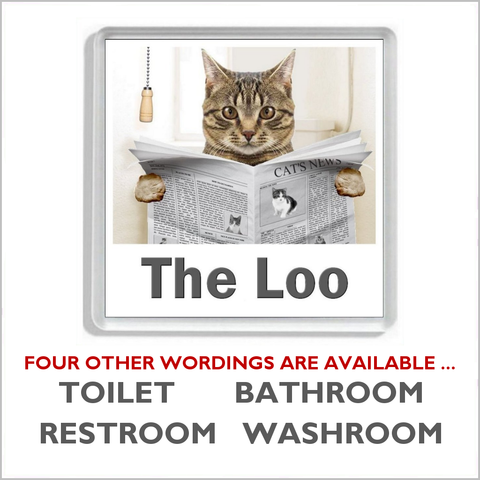 BROWN TABBY CAT READING A NEWSPAPER ON THE LOO Novelty Acrylic Toilet Door Sign (5 WORDINGS))