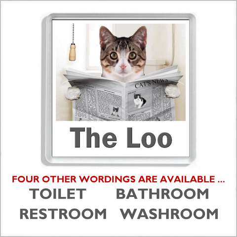 BROWN AND WHITE TABBY CAT READING A NEWSPAPER ON THE LOO Novelty Acrylic Toilet Door Sign (5 WORDINGS)