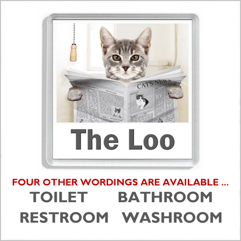GREY TABBY CAT READING A NEWSPAPER ON THE LOO Novelty Acrylic Toilet Door Sign (5 WORDINGS)
