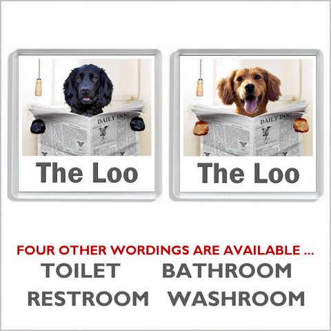 WORKING COCKER SPANIEL READING A NEWSPAPER ON THE LOO Novelty Acrylic Toilet Door Sign (2 DESIGNS and 5 WORDINGS)