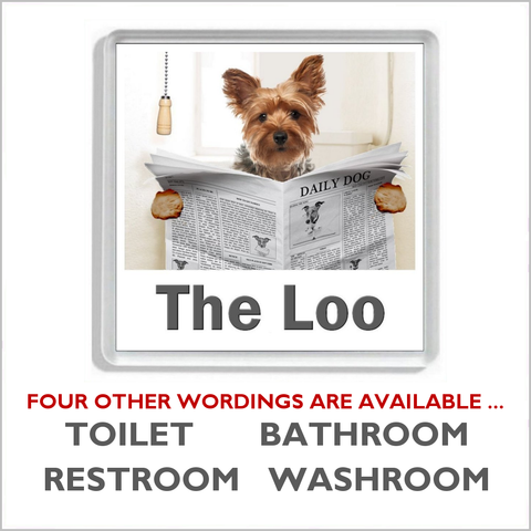YORKSHIRE TERRIER READING A NEWSPAPER ON THE LOO Novelty Acrylic Toilet Door Sign (5 WORDINGS)