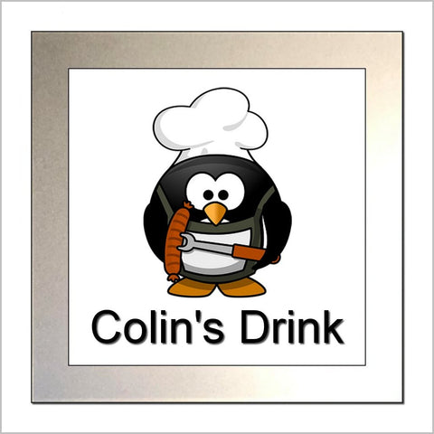 Personalised BBQ BARBECUE CHEF PENGUIN Novelty Glass Drinks Coaster