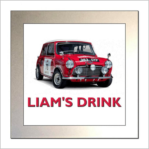 Personalised Classic Car Glass Drinks Coaster for MONTE CARLO RALLY SPEC MINI COOPER S Enthusiasts
