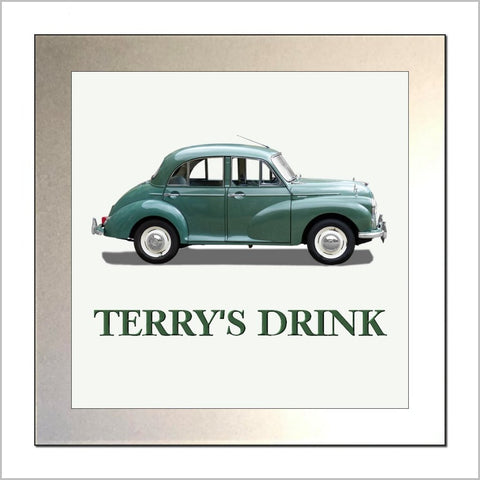 Personalised Classic Car Glass Drinks Coaster for MORRIS MINOR SALOON Enthusiasts