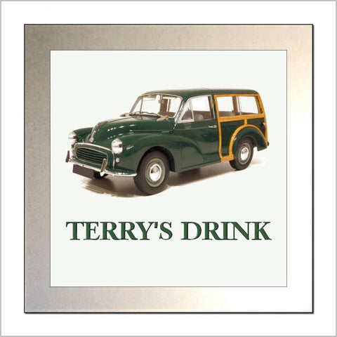 Personalised Classic Car Glass Drinks Coaster for MORRIS MINOR TRAVELLER Enthusiasts