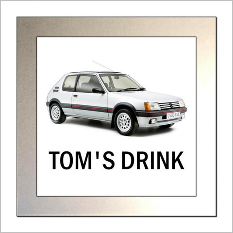 Personalised Classic Vehicle Glass Drinks Coaster for PEUGEOT 205 1.9 GTI Enthusiasts