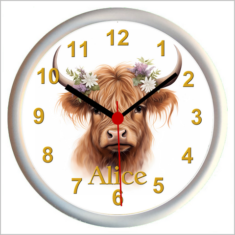 Personalised HIGHLAND COW WITH FLOWERS Wall Clock