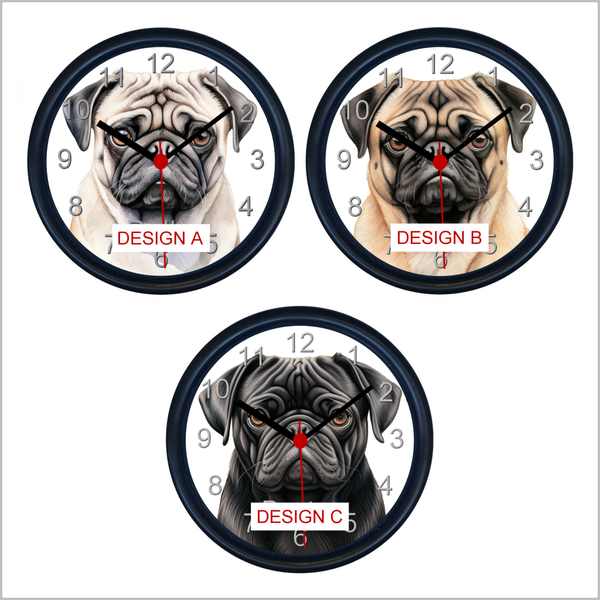 Personalised PUG DOG Wall Clock (THREE DESIGNS AVAILABLE)