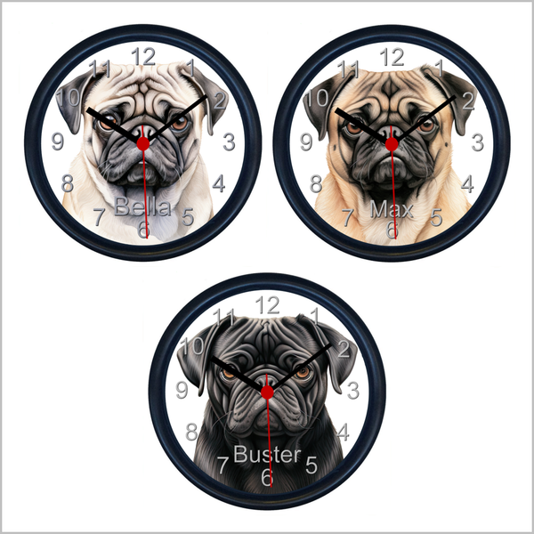 Personalised PUG DOG Wall Clock (THREE DESIGNS AVAILABLE)
