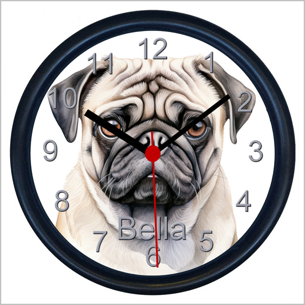 Personalised PUG DOG Wall Clock (THREE DESIGNS AVAILABLE)