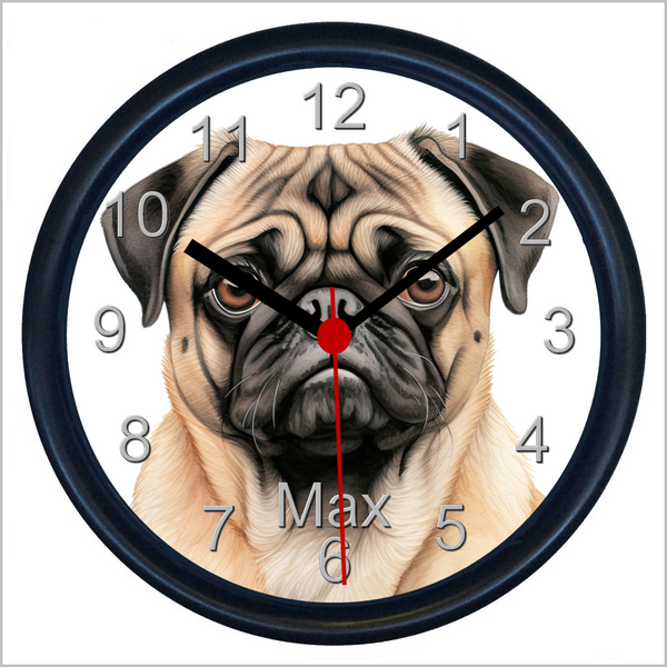 Personalised PUG DOG Wall Clock (THREE DESIGNS AVAILABLE)