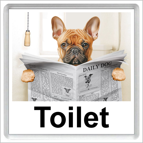 FRENCH BULLDOG READING A NEWSPAPER ON THE LOO Novelty Acrylic Toilet Door Sign (2 DESIGNS and 3 WORDINGS)