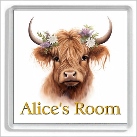 Personalised HIGHLAND COW WITH FLOWERS Bedroom Door Plaque