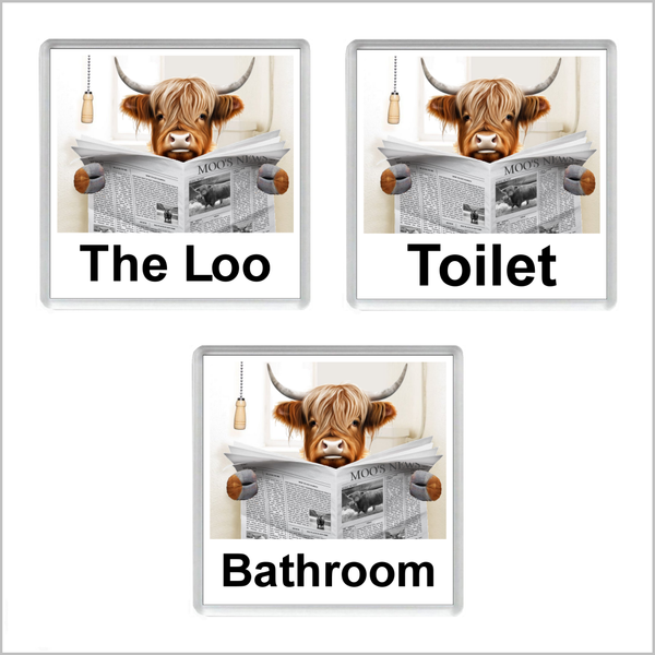 HIGHLAND COW READING A NEWSPAPER ON THE LOO Novelty Acrylic Toilet/Bathroom Door Sign (3 WORDINGS)