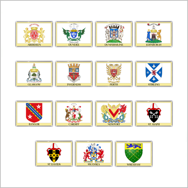 UK SCOTLAND AND WALES – SCOTTISH & WELSH CITY COATS OF ARMS Jumbo Fridge Magnets (15 DESIGNS)
