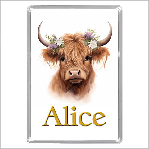 Personalised HIGHLAND COW WITH FLOWERS Jumbo Acrylic Fridge Magnet