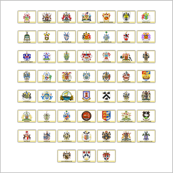 UK ENGLAND - ENGLISH TOWN COATS OF ARMS Jumbo Acrylic Fridge Magnets - Town Names A to L (52 DESIGNS)