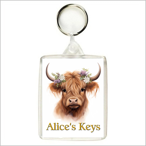 Personalised HIGHLAND COW WITH FLOWERS Keyring / Bag Tag