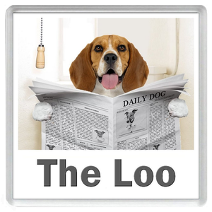 BEAGLE READING A NEWSPAPER ON THE LOO Novelty Acrylic Toilet Door Sign (5 WORDINGS)