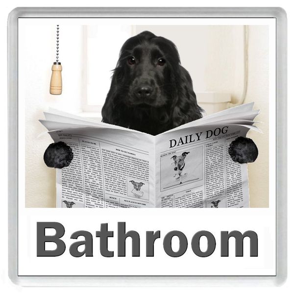 COCKER SPANIEL READING A NEWSPAPER ON THE LOO Novelty Acrylic Toilet Door Sign (2 DESIGNS and 5 WORDINGS)