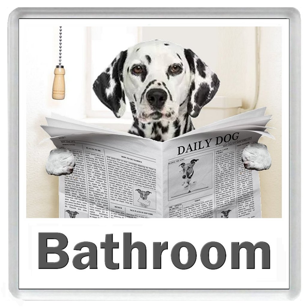 DALMATIAN READING A NEWSPAPER ON THE LOO Novelty Acrylic Toilet Door Sign (5 WORDINGS)