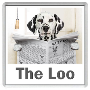 DALMATIAN READING A NEWSPAPER ON THE LOO Novelty Acrylic Toilet Door Sign (5 WORDINGS)