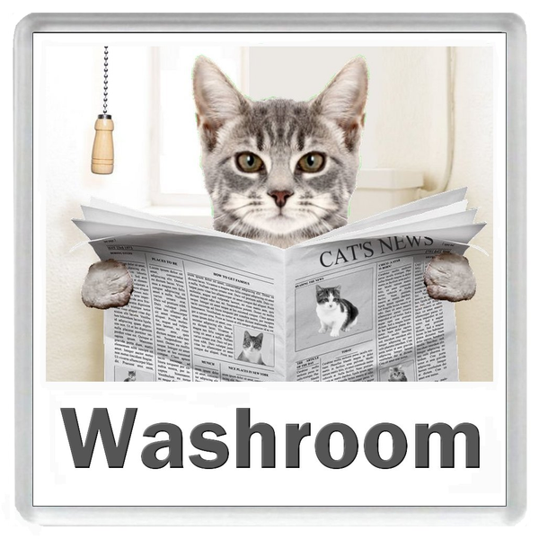 GREY TABBY CAT READING A NEWSPAPER ON THE LOO Novelty Acrylic Toilet Door Sign (5 WORDINGS)